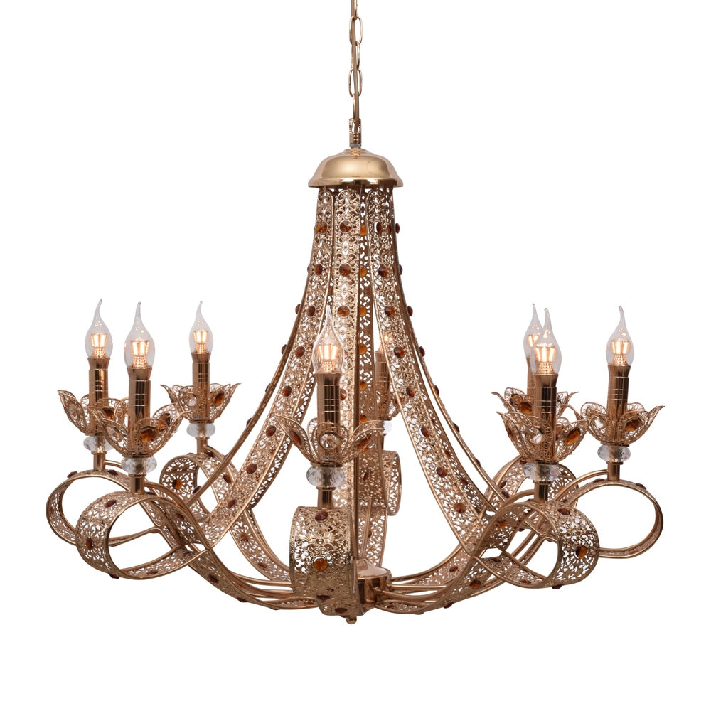 Gold Chandelier With Orange Crystals - 8 Lights
