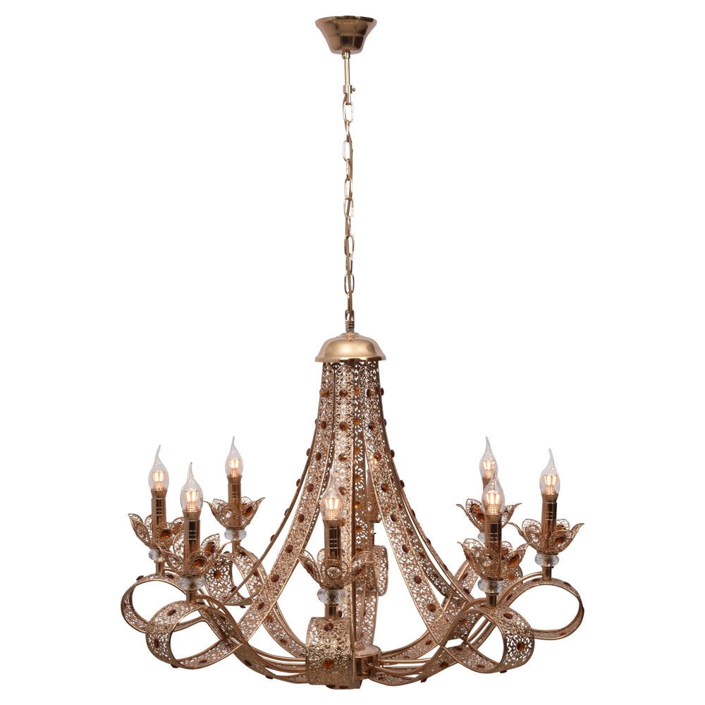 Gold Chandelier With Orange Crystals - 8 Lights