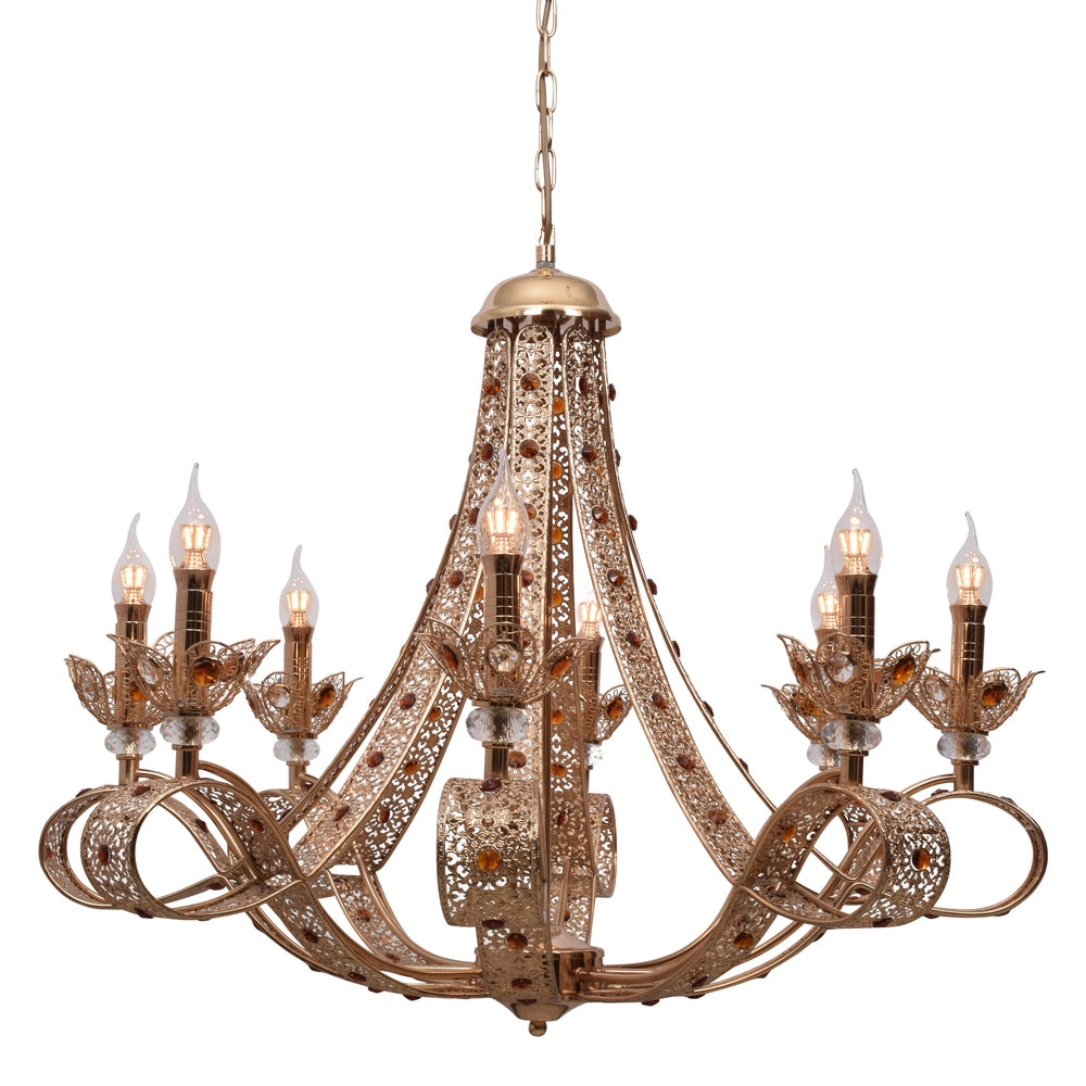 Gold Chandelier With Orange Crystals - 8 Lights