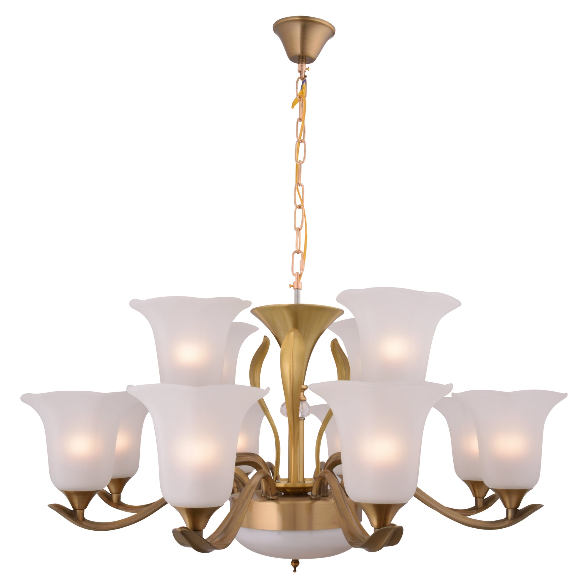 Bronze Chandelier With White Glass - 12 Lights