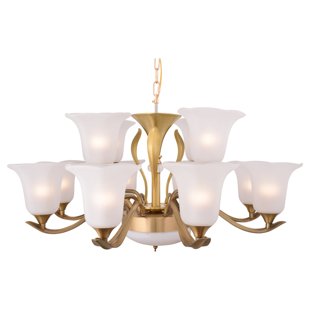 Bronze Chandelier With White Glass - 12 Lights