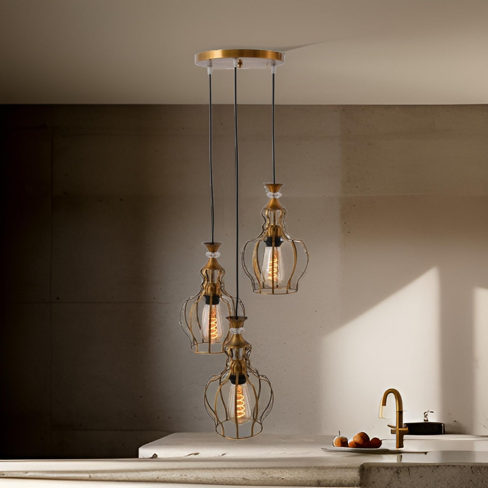 3 Light Cage Pendant Light, Curved