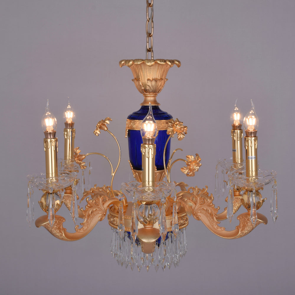 Elegance Blue Gold Chandelier With Crystals - 6 Lights