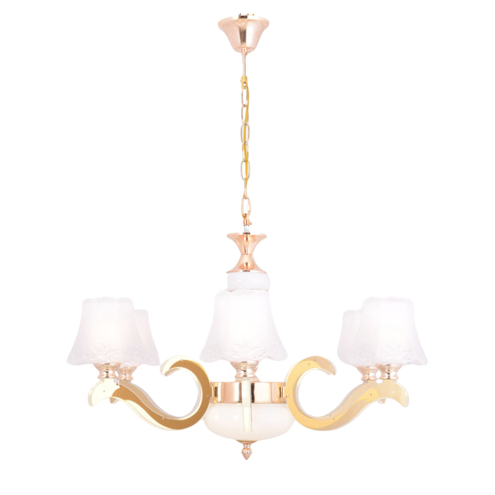 Gold Chandelier With White Glass - 6 Lights