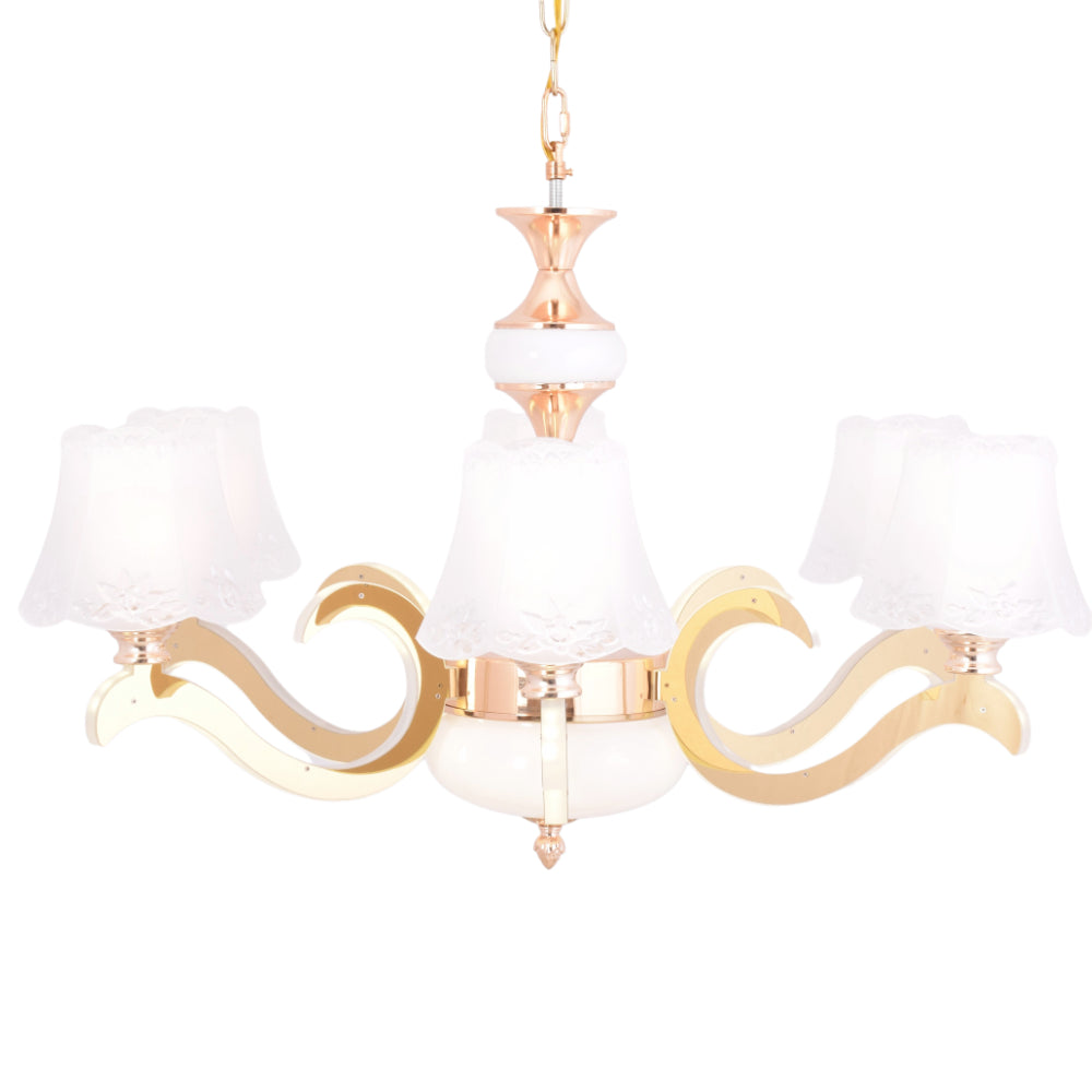 Gold Chandelier With White Glass - 6 Lights