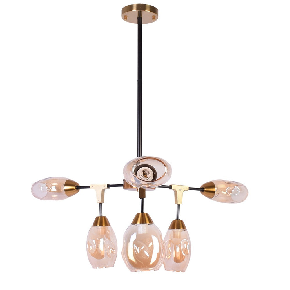 Black Modern Chandelier with Amber Glass, 6 Light-Starry Night