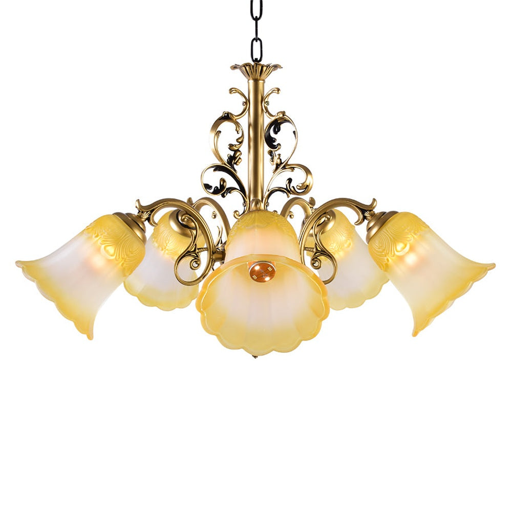 Bronze Chandelier with Yellow Glass, 5 Arms-Starry Night