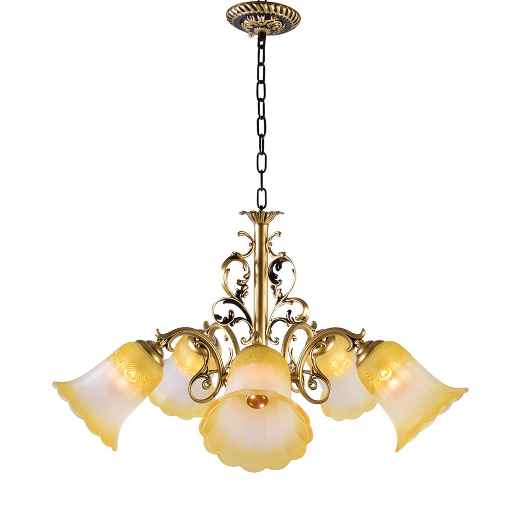 Bronze Chandelier with Yellow Glass, 5 Arms-Starry Night