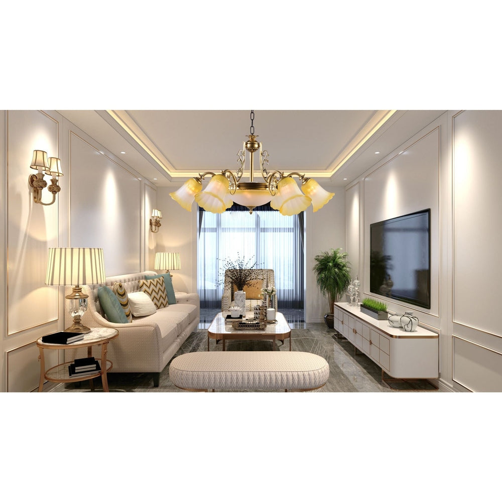 Bronze Chandelier with Yellow Glass, 6 Arms-Starry Night