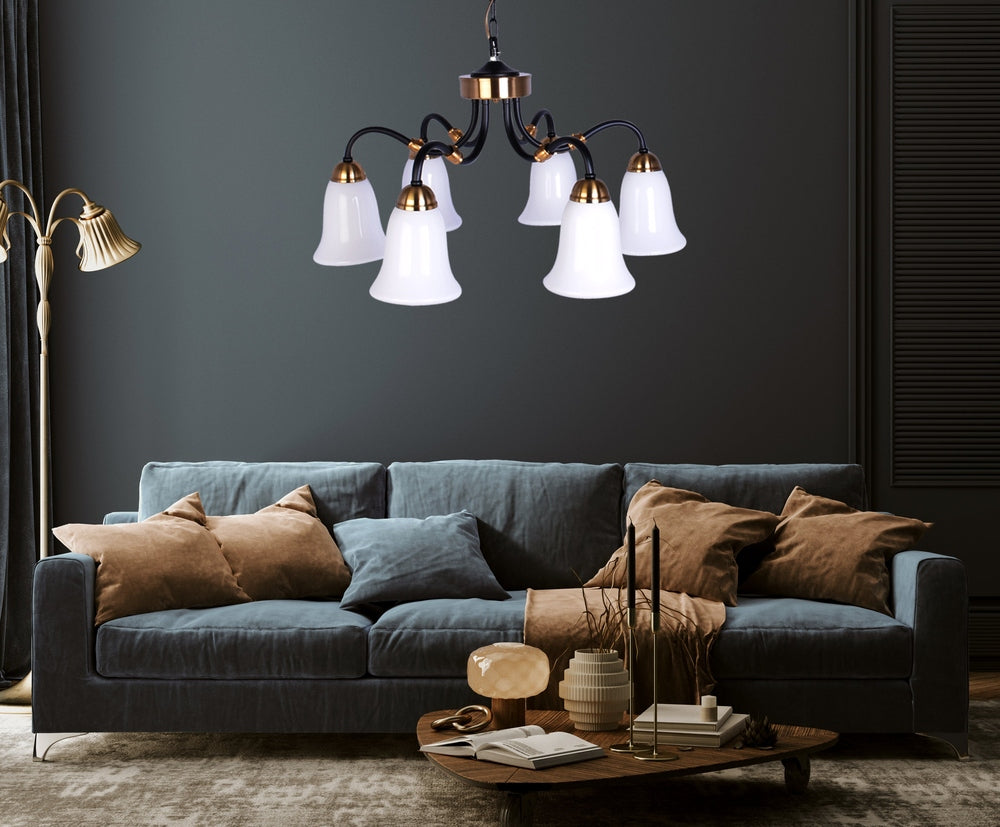 Black Downlight Chandelier With 6 White Glass