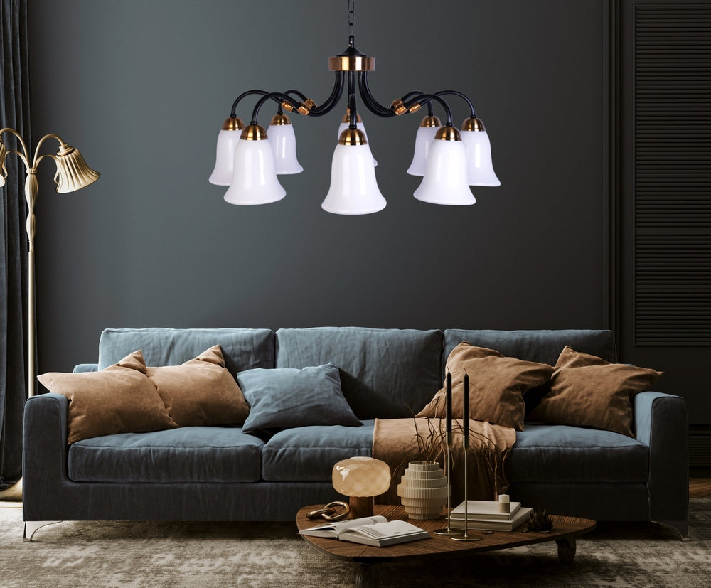 Black Downlight Chandelier With 8 White Glass