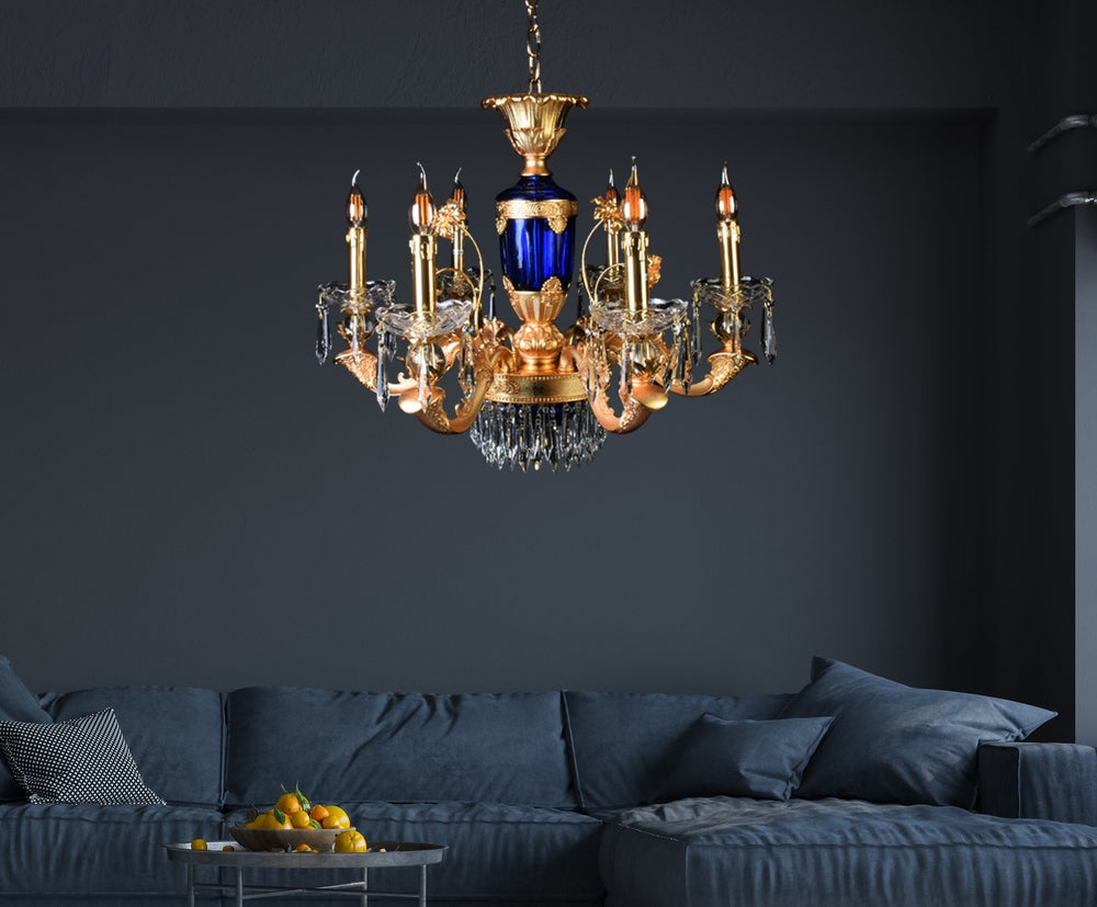 Elegance Blue Gold Chandelier With Crystals - 6 Lights