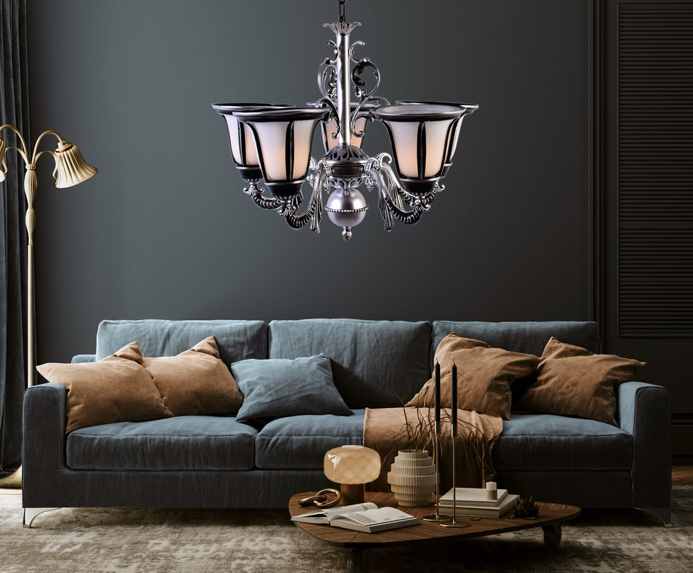 Silver Chandelier with 5 Glass Shades