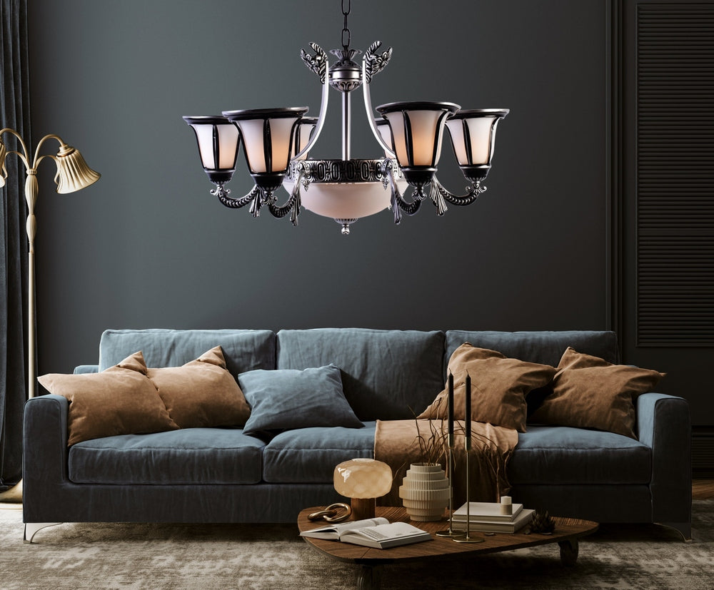 Silver Chandelier with 6 Glass Shades