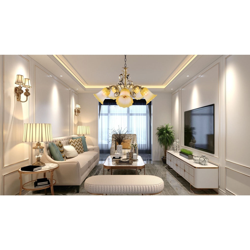 Bronze Chandelier with Yellow Glass, 5 Arms-Starry Night