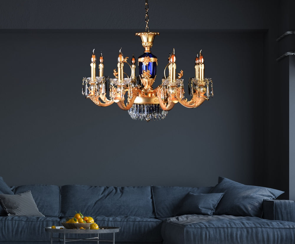 Elegance Blue Gold Chandelier With Crystals - 8 Lights