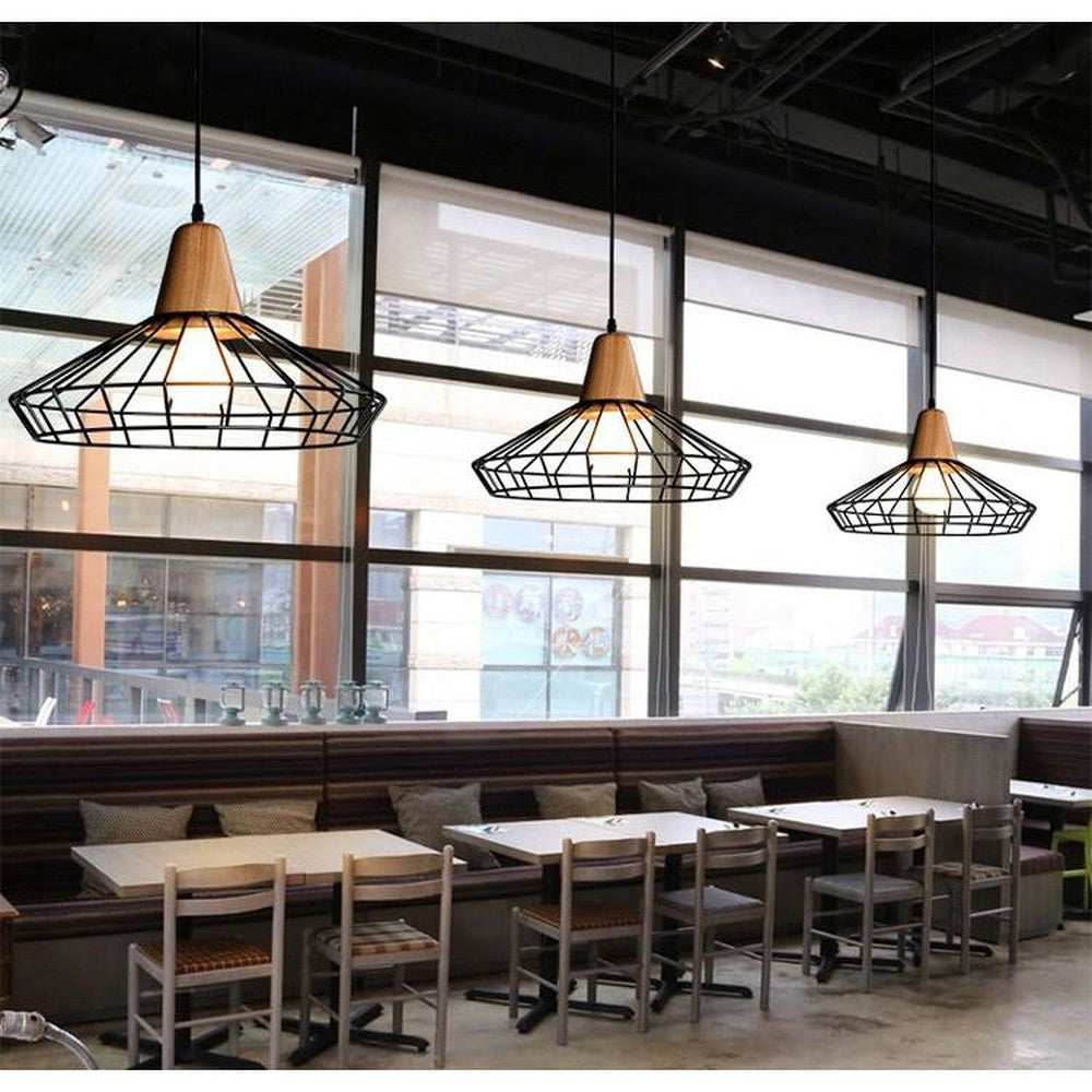 Metal Cage Pendant Light with Wood Base-Starry Night