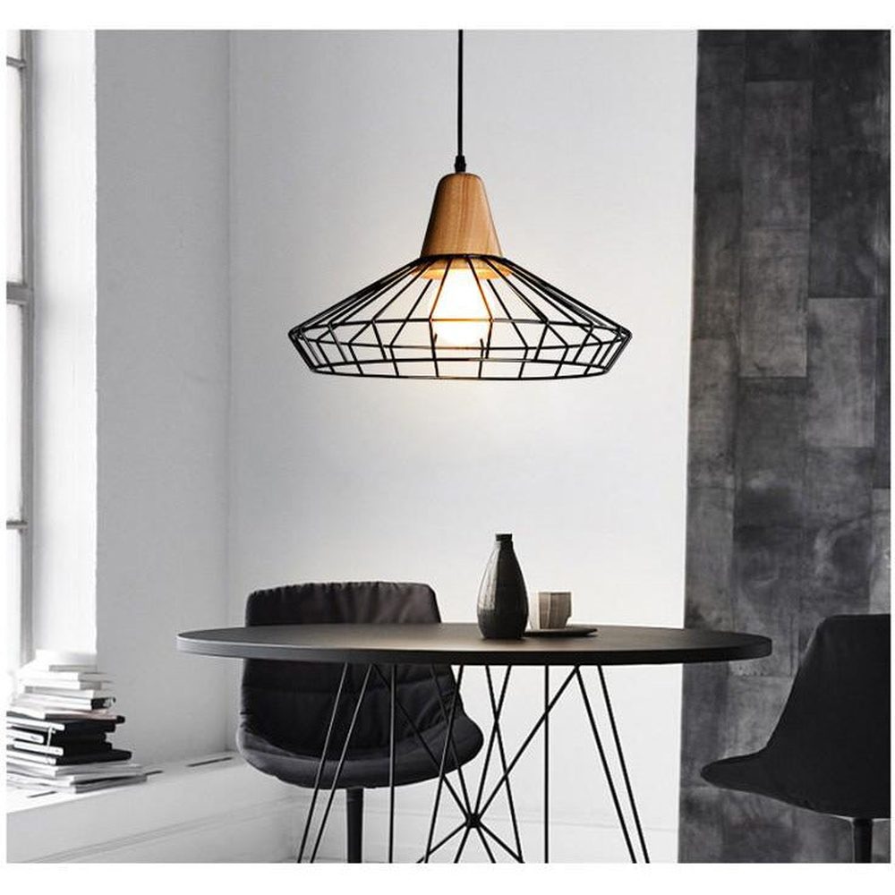 Metal Cage Pendant Light with Wood Base-Starry Night