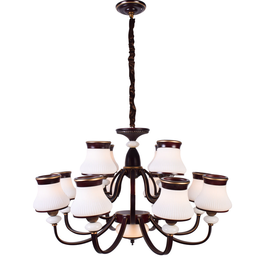Brown Chandelier With White Glass - 12 Light
