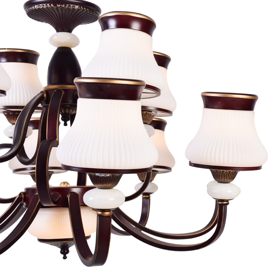 Brown Chandelier With White Glass - 12 Light
