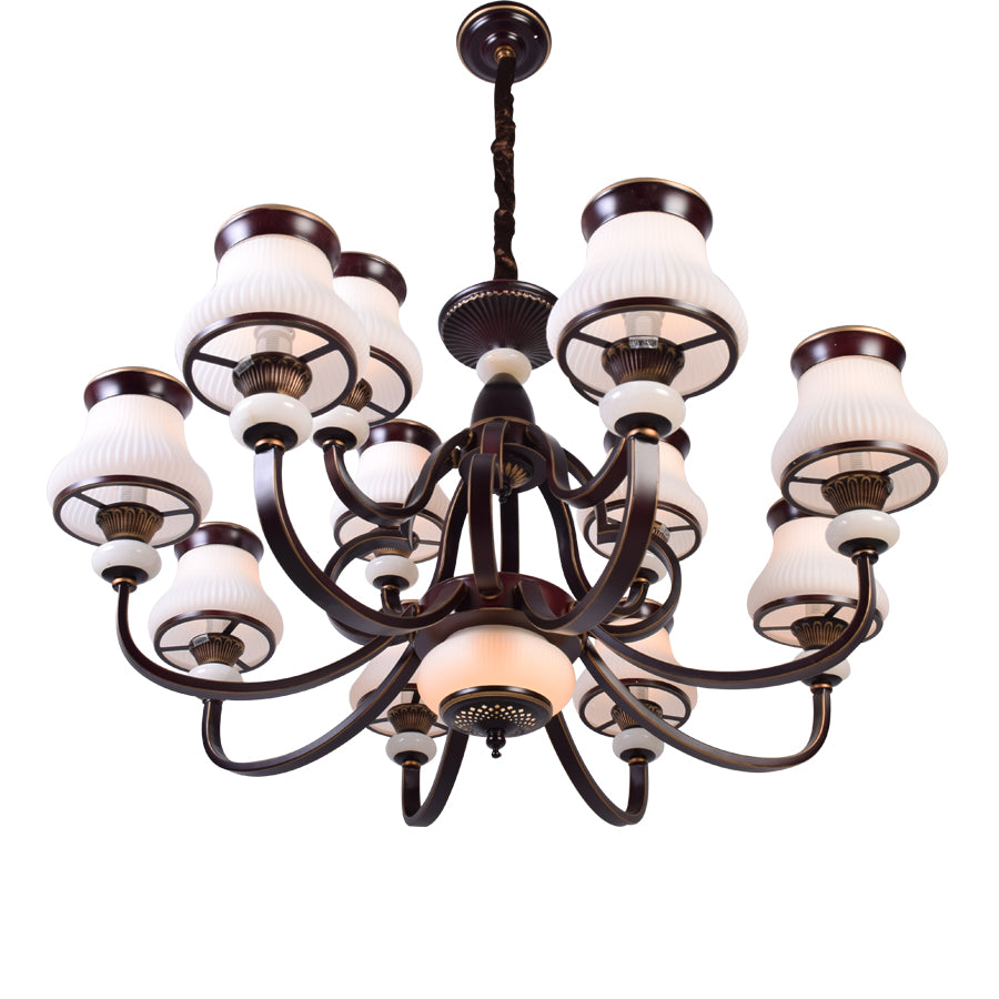 Brown Chandelier With White Glass - 12 Light
