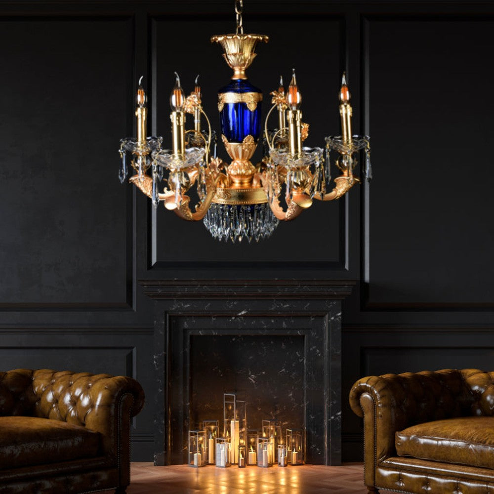Elegance Blue Gold Chandelier With Crystals - 6 Lights