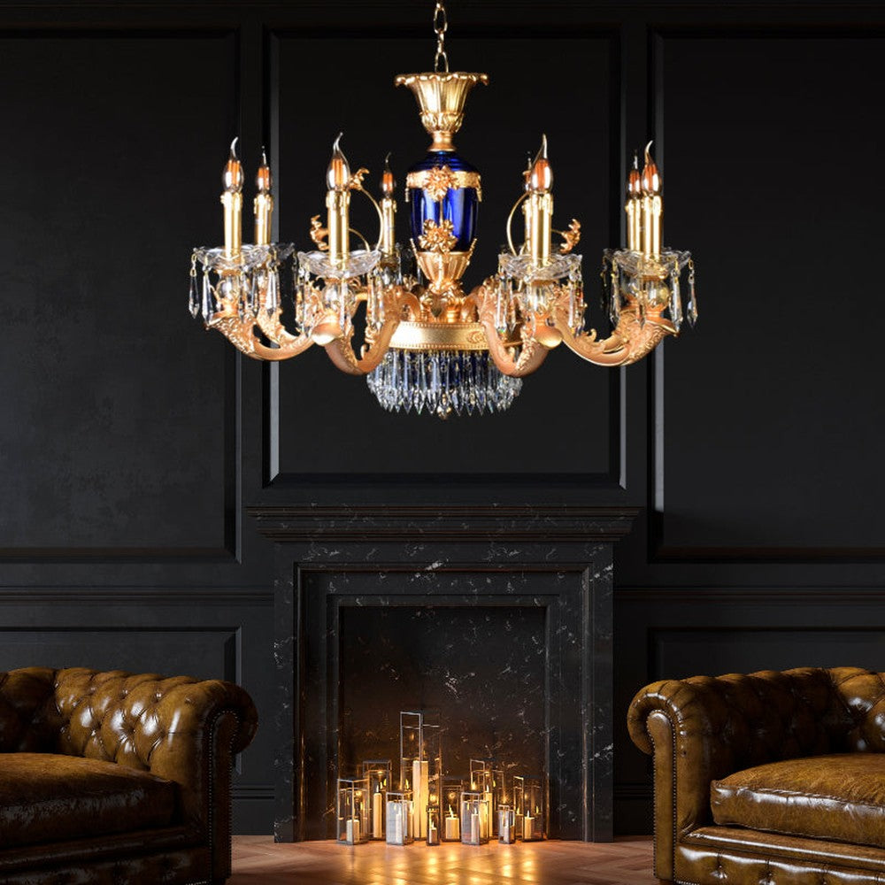 Elegance Blue Gold Chandelier With Crystals - 8 Lights