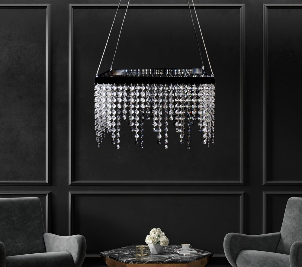 Square Chrome LED Chandelier With Crystal Droplets