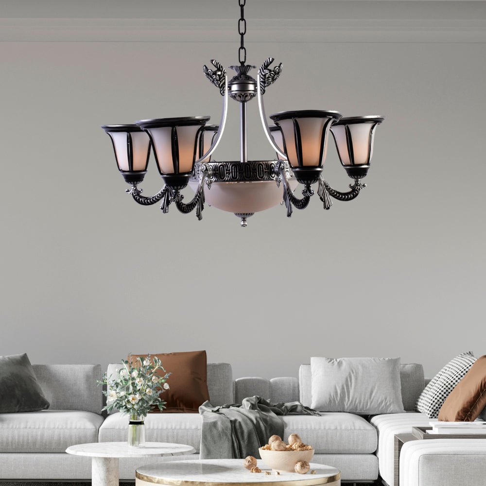 Silver Chandelier with 6 Glass Shades