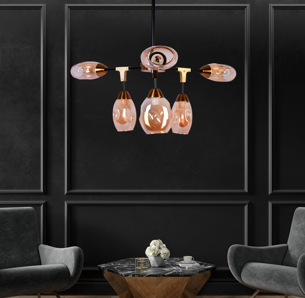 Modern Chandelier with Amber Glass, 6 Light