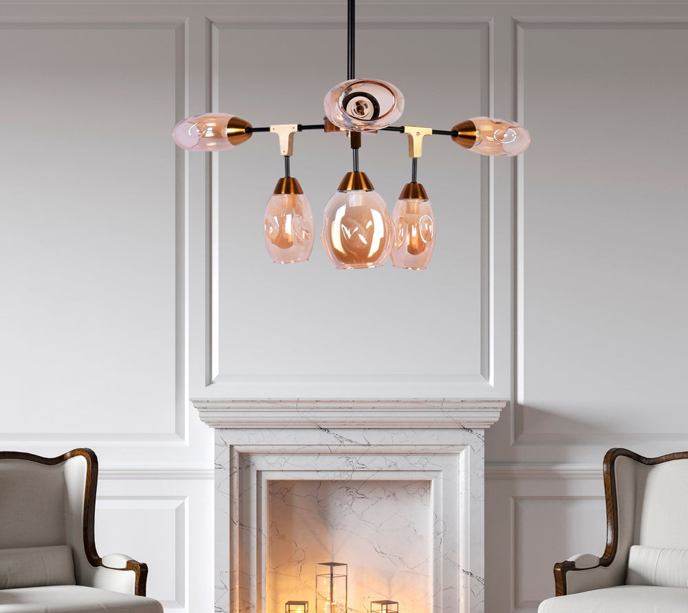Modern Chandelier with Amber Glass, 6 Light