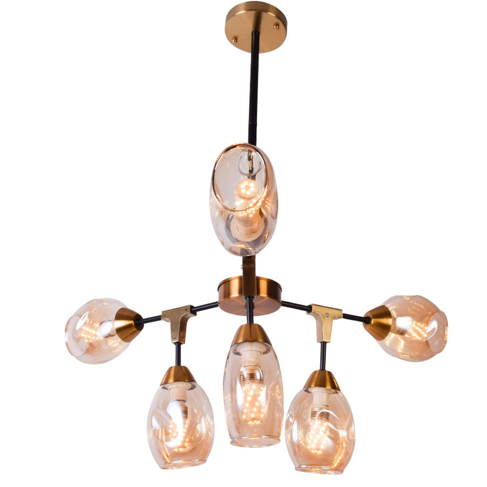 Modern Chandelier with Amber Glass, 6 Light