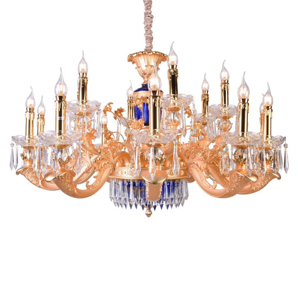 Elegance Blue Gold Chandelier With Crystals - 18 Lights