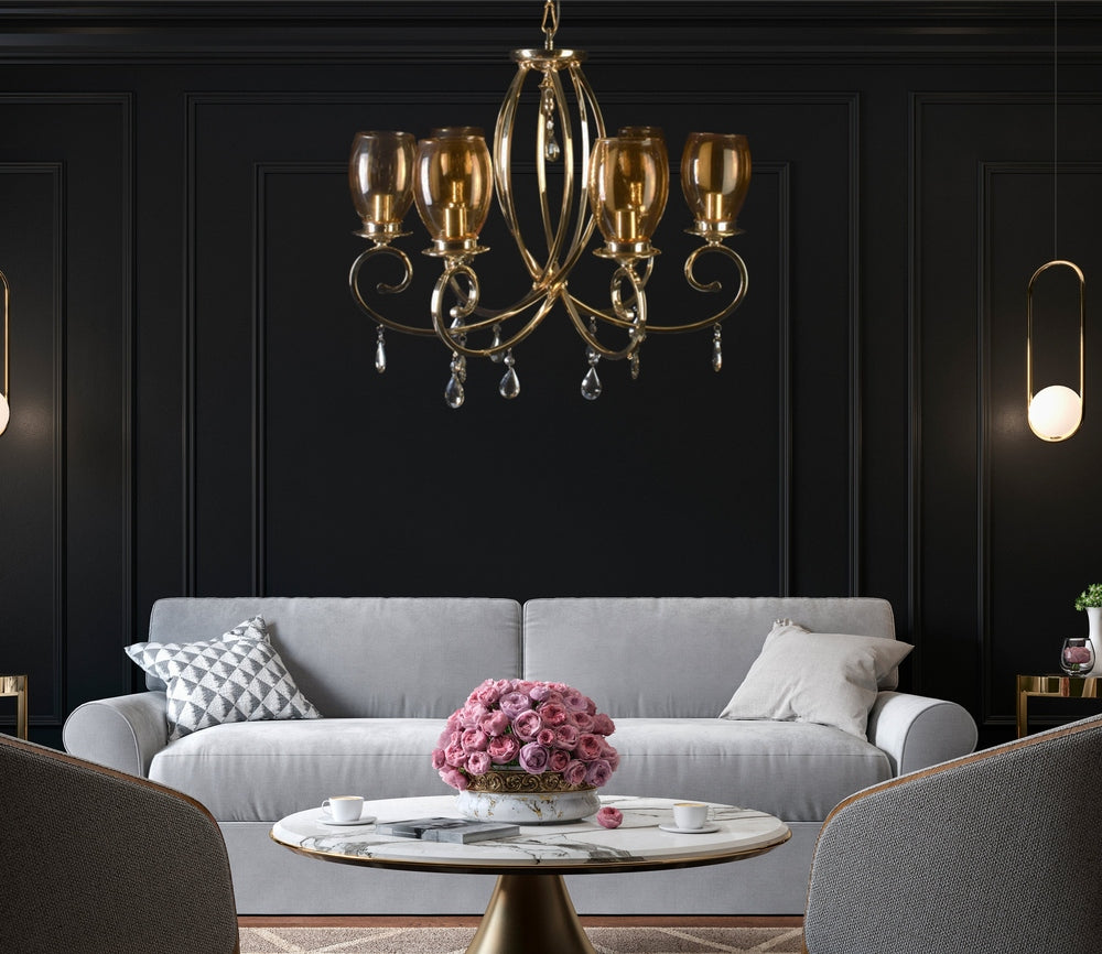 Romantic Gold Chandelier With Glass Shades - 6 Lights